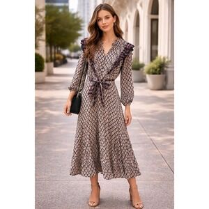 Cleobella XS Organic Cotton Geometric Block Print Ruffle Midi Dress Black Cream